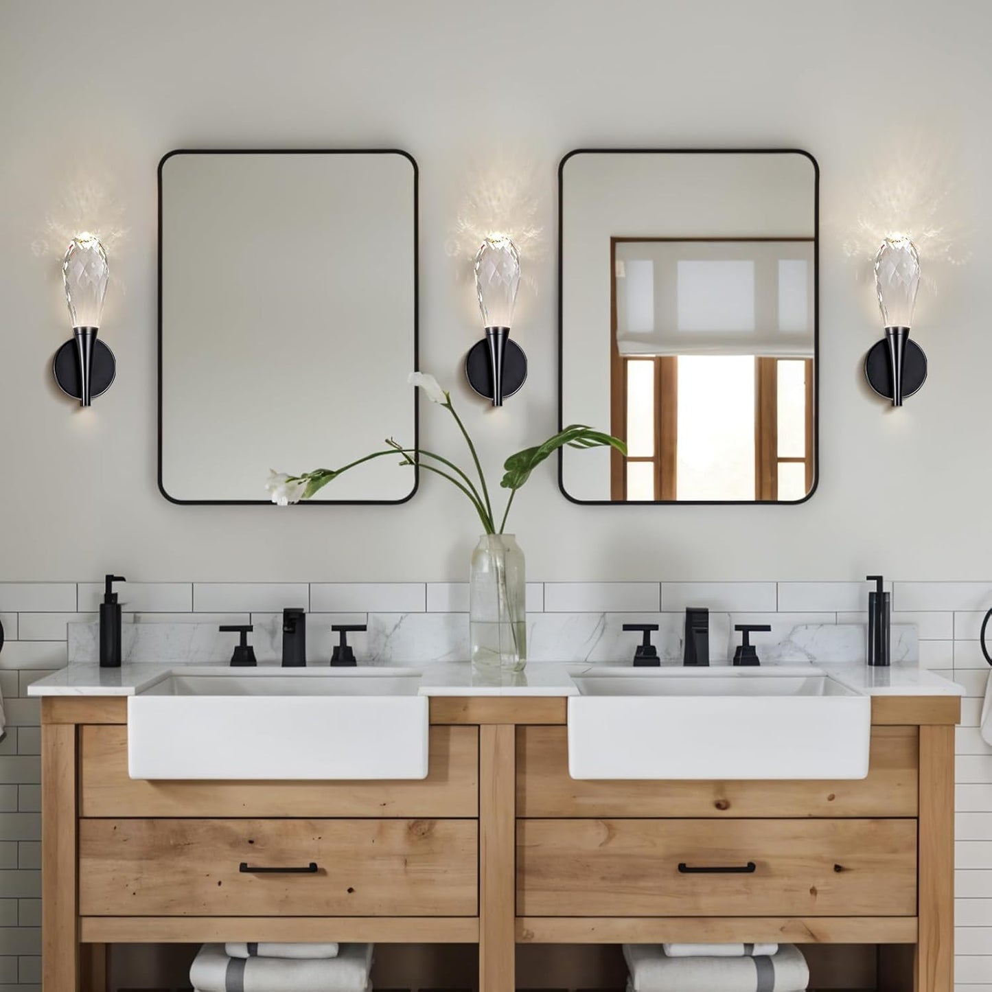 Modern bathroom vanity wall lamp in front of the mirror