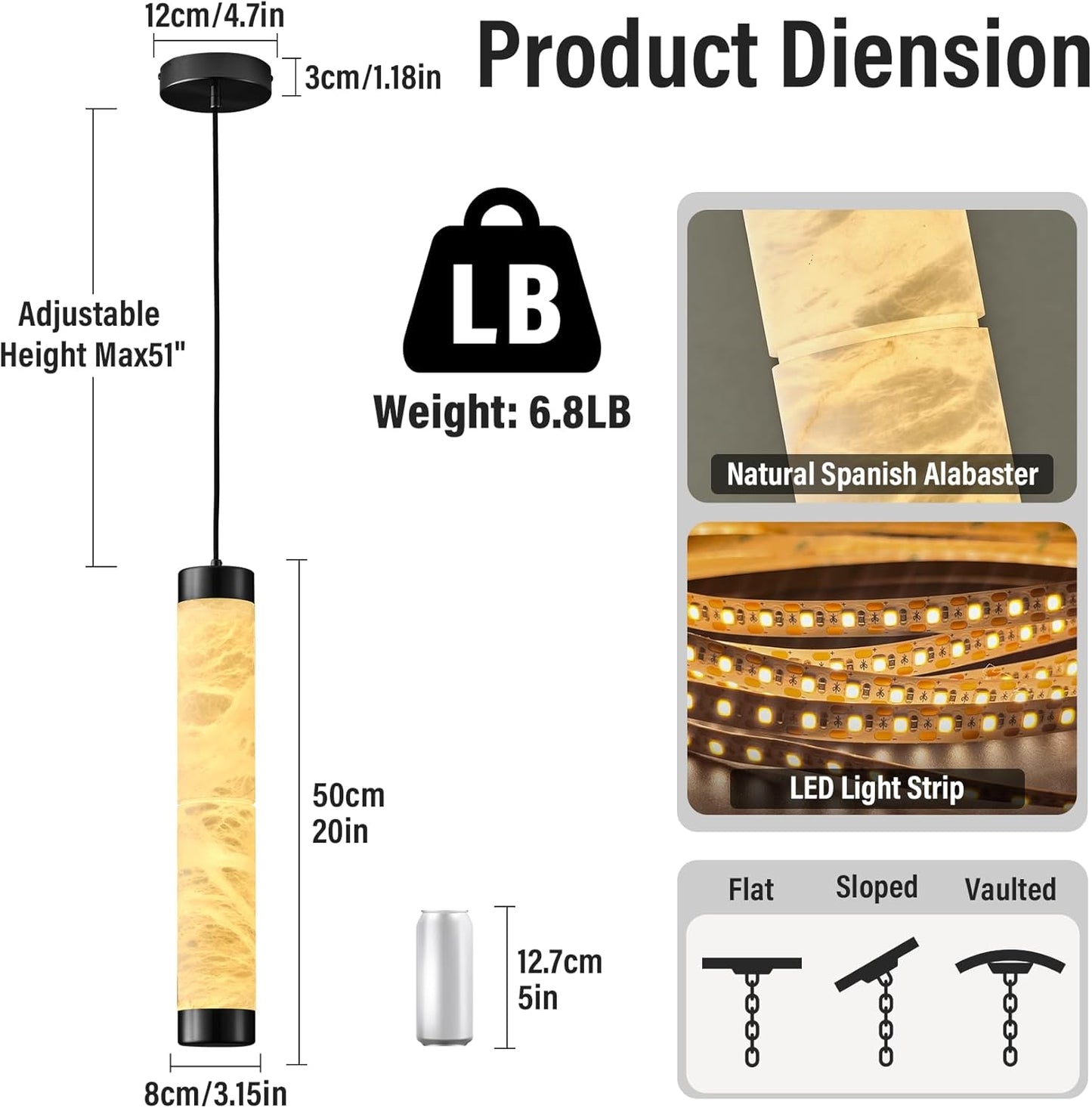 Modern Spanish Alabaster Pendant Light – Long Single Head Design
