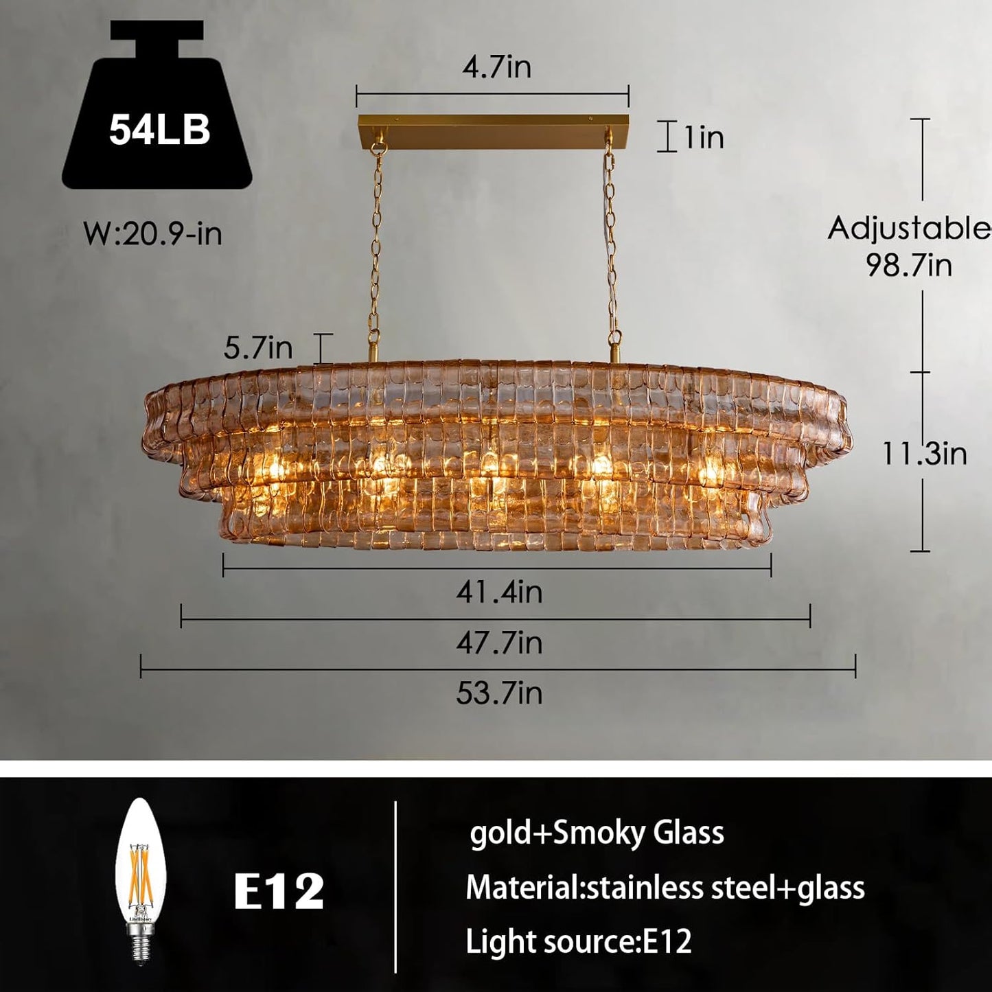 Crystal Glass Drum Chandelier Gold (Smoky Glass) / Rectangle L54’’