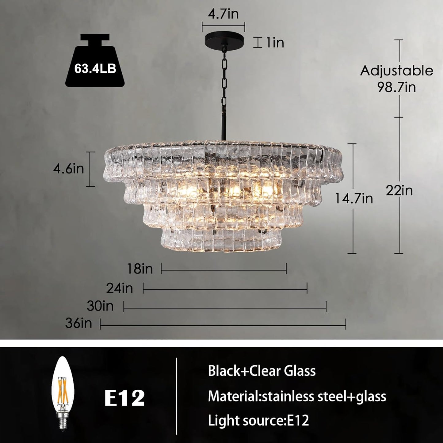 54’’ Black Rectangular Clear Glass Drum Chandelier for Dining Rooms