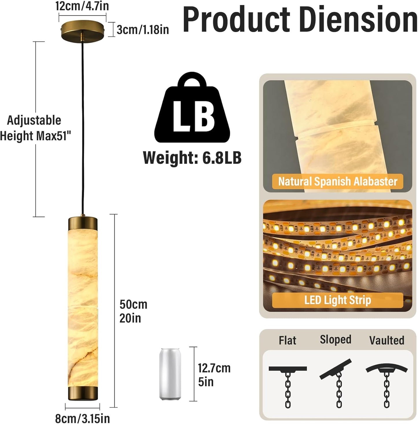 Modern Spanish Alabaster Pendant Light – Long Single Head Design