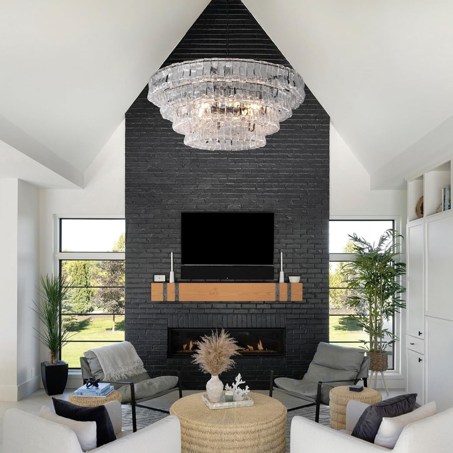 54’’ Black Rectangular Clear Glass Drum Chandelier for Dining Rooms