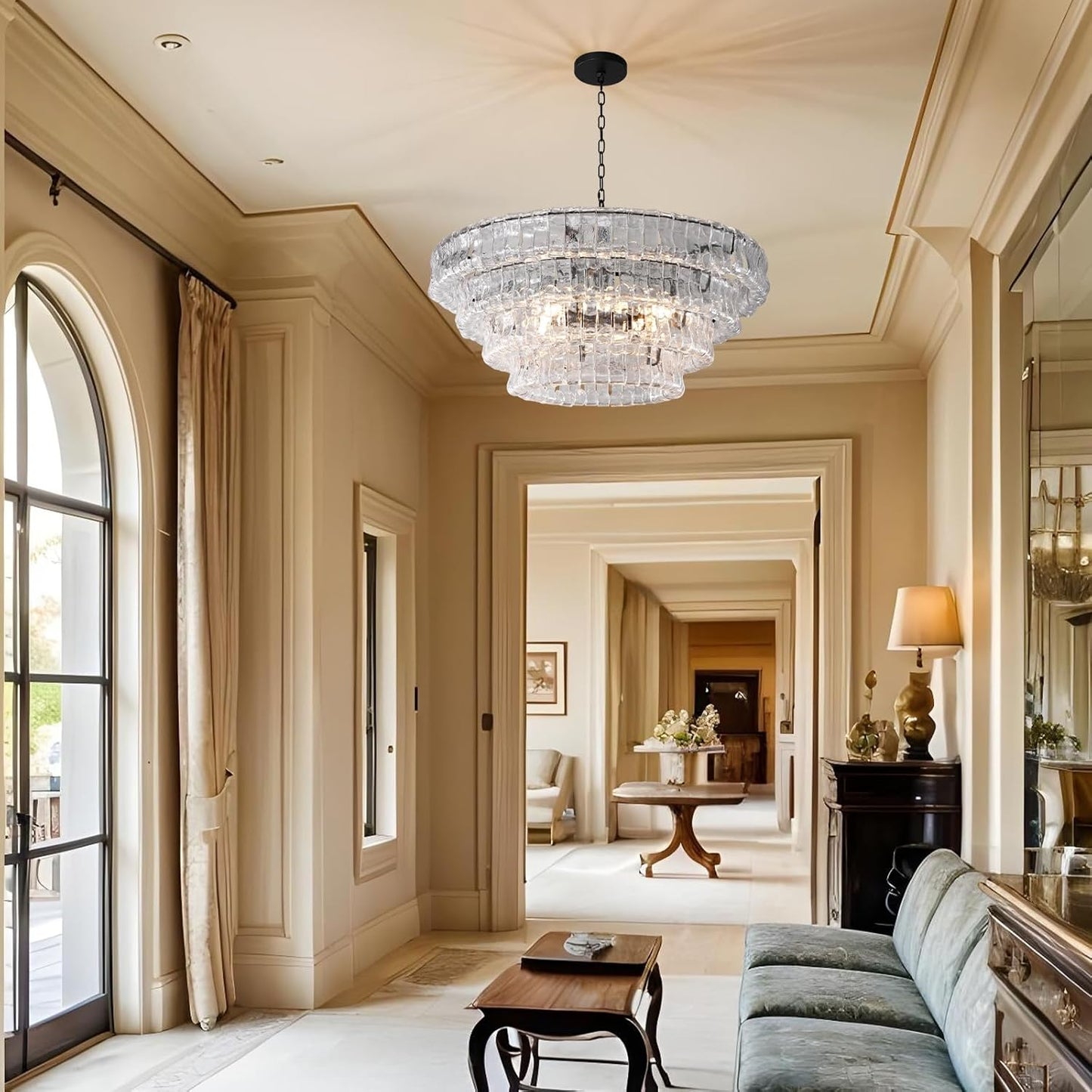 54’’ Black Rectangular Clear Glass Drum Chandelier for Dining Rooms