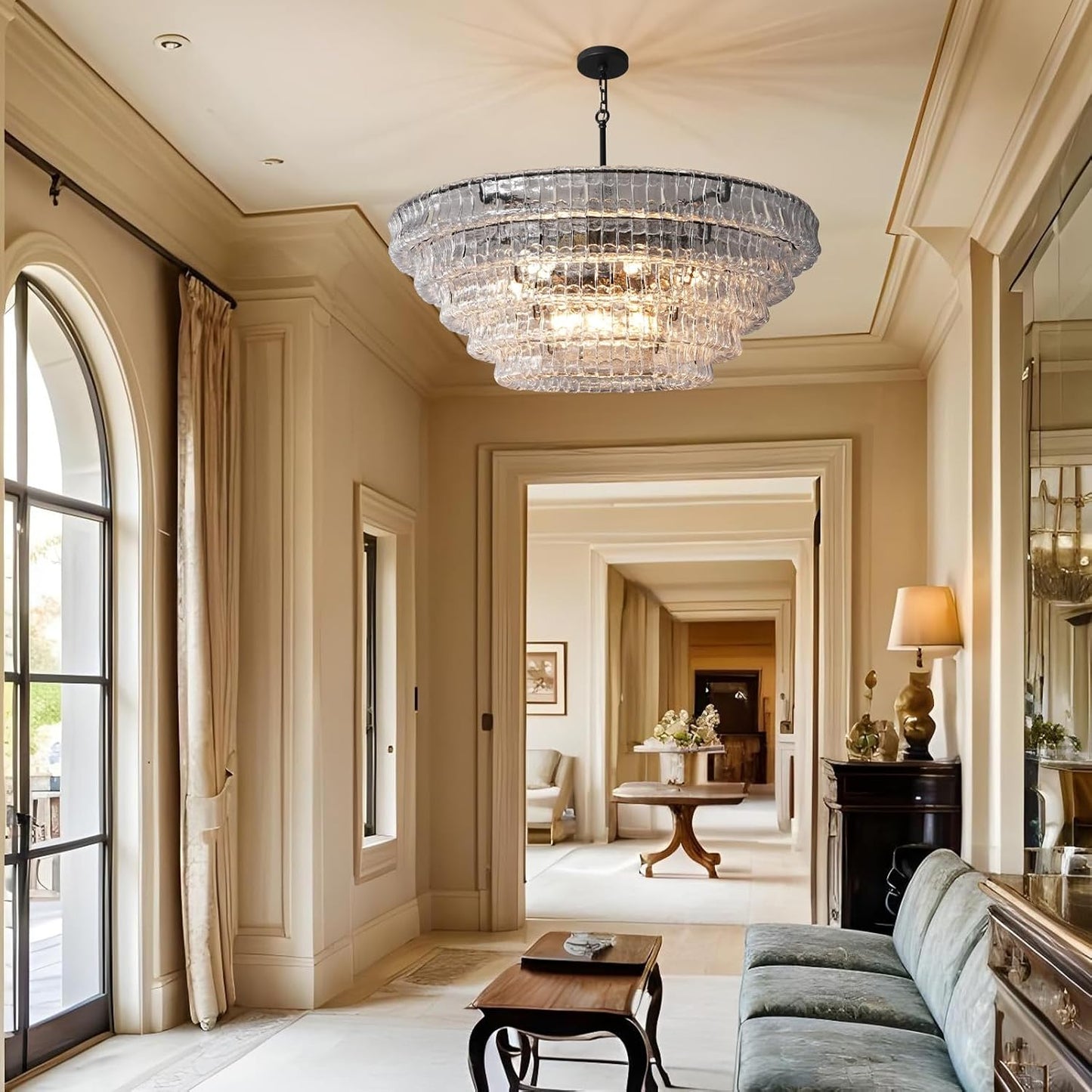 54’’ Black Rectangular Clear Glass Drum Chandelier for Dining Rooms