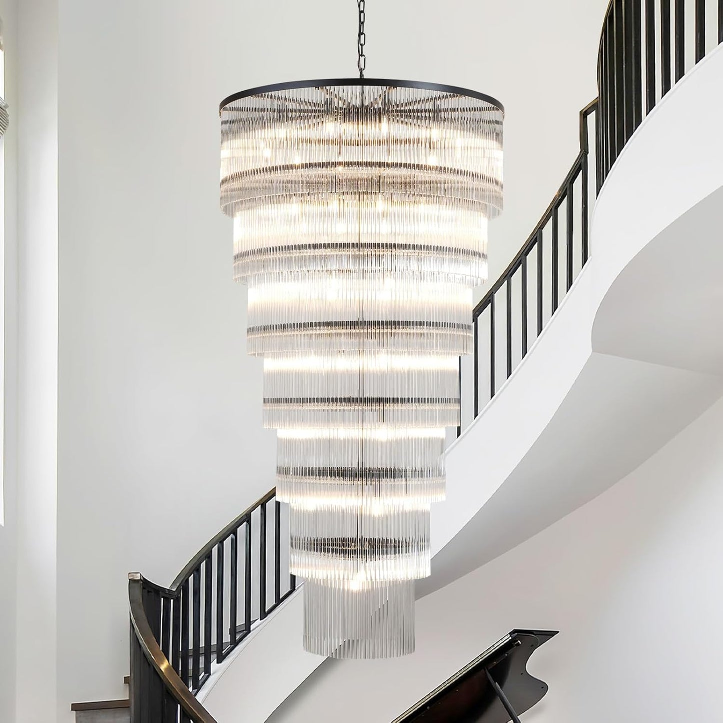 Modern 2-Tier Glass Striped Chandeliers D39’’ / Black