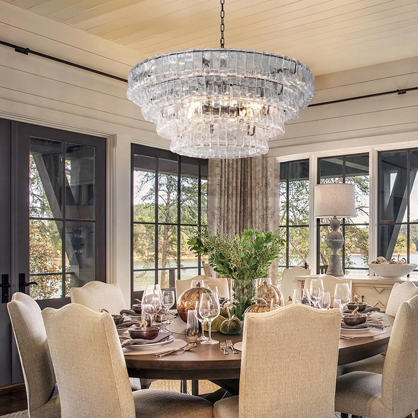 54’’ Black Rectangular Clear Glass Drum Chandelier for Dining Rooms