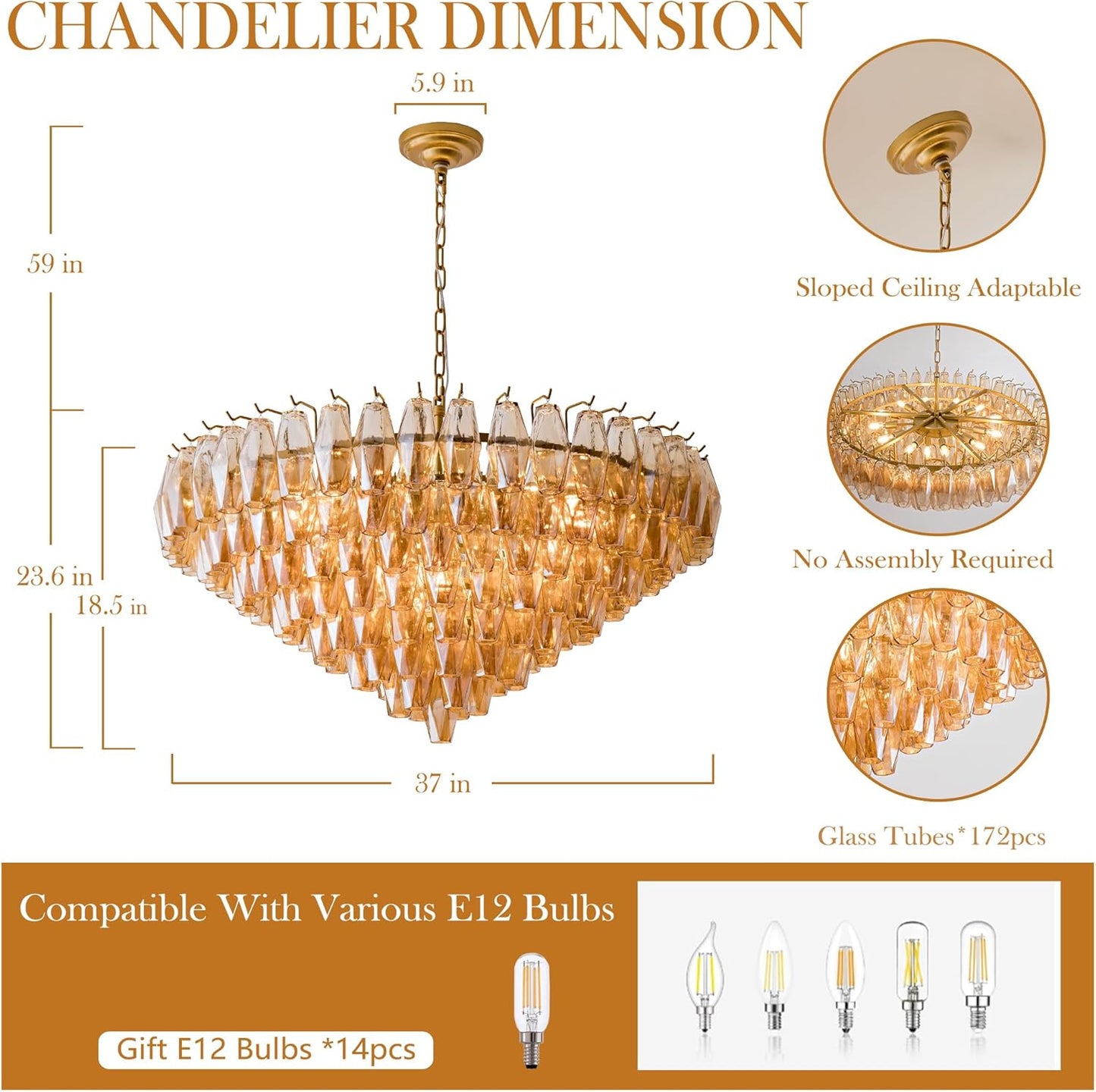 Tiered Smoke Blown Glass Brass Chandeliers
