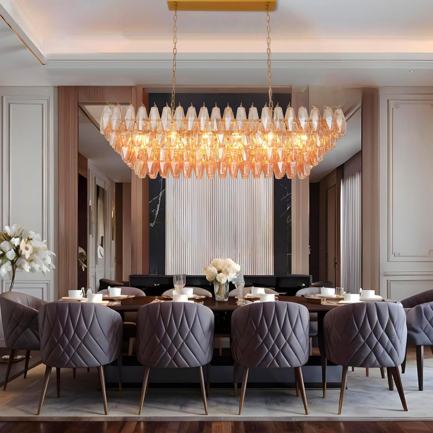 Tiered Smoke Blown Glass Brass Chandeliers