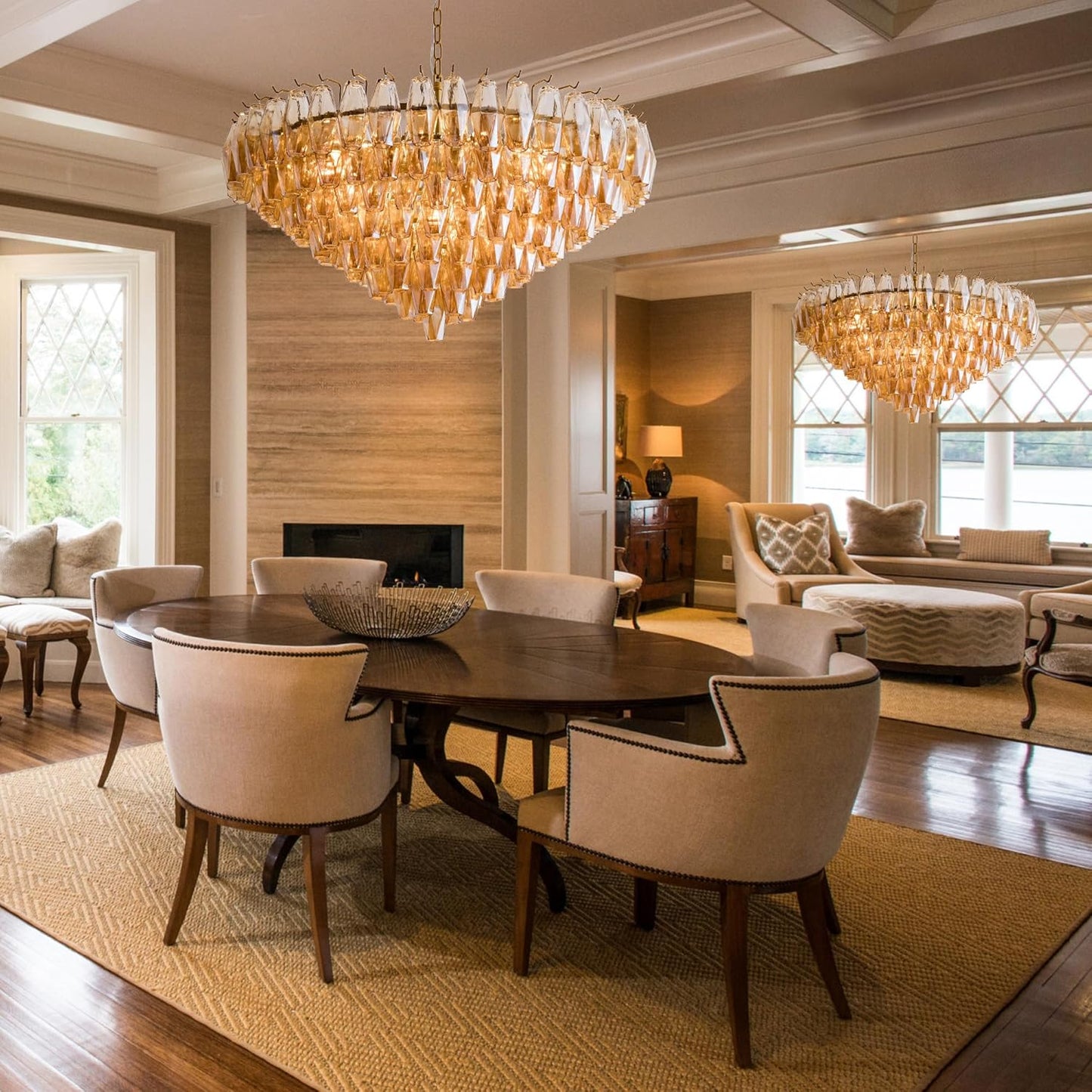 Tiered Smoke Blown Glass Brass Chandeliers