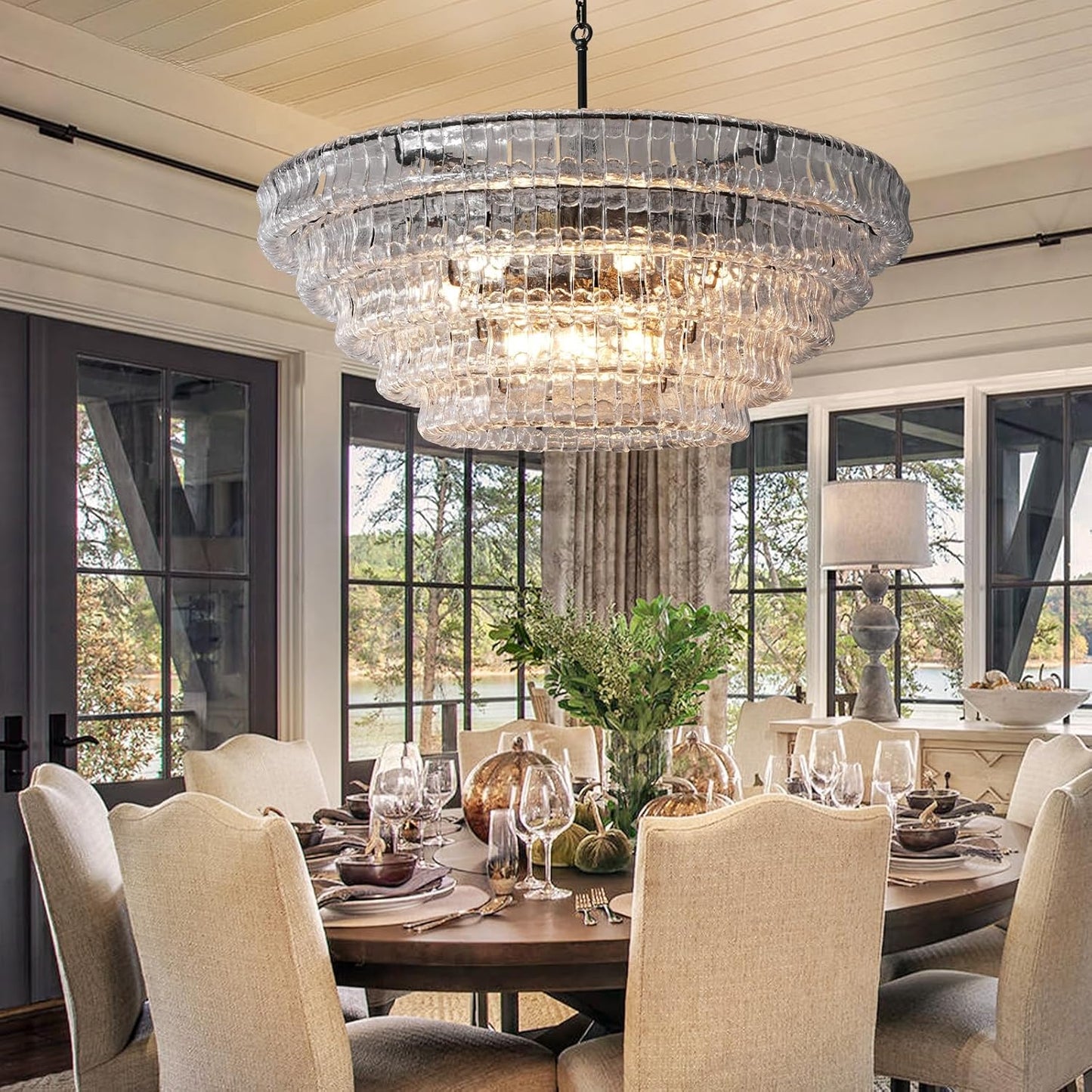 54’’ Black Rectangular Clear Glass Drum Chandelier for Dining Rooms