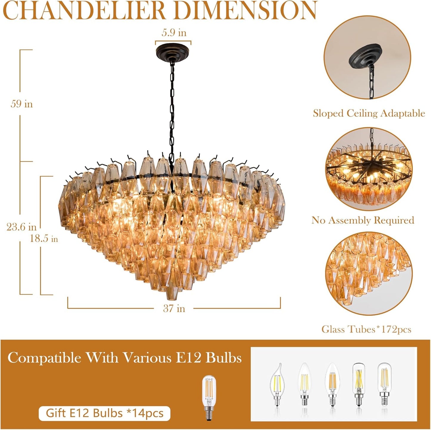 Tiered Smoke Blown Glass Brass Chandeliers