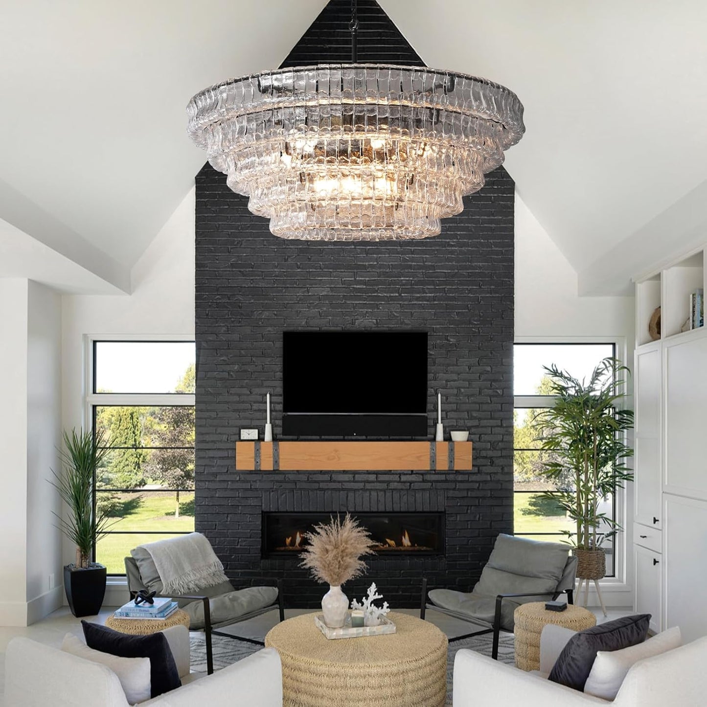54’’ Black Rectangular Clear Glass Drum Chandelier for Dining Rooms