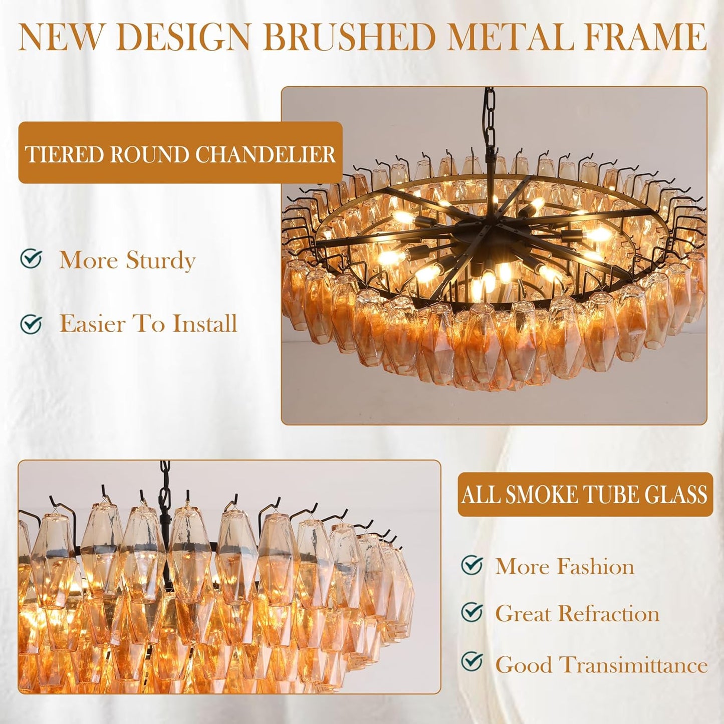 Tiered Smoke Blown Glass Brass Chandeliers