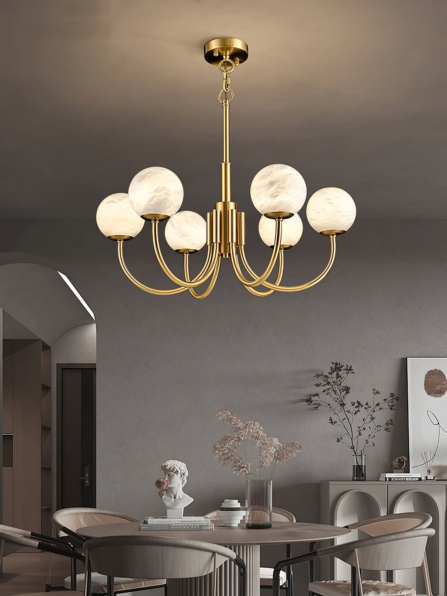 Aurelian Alabaster Globe Chandelier – Brass & White, 6‑10 Heads