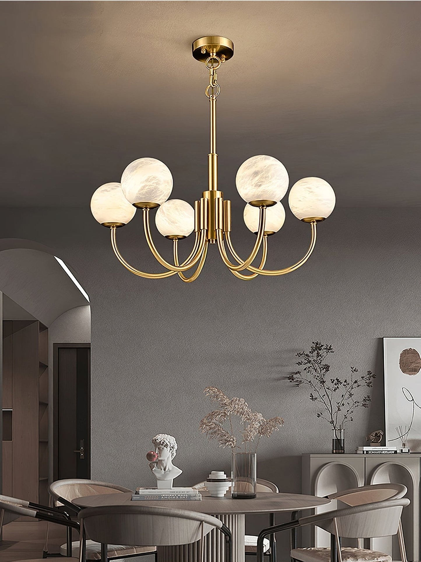 Aurelian Alabaster Globe Chandelier – Brass & White, 6‑10 Heads