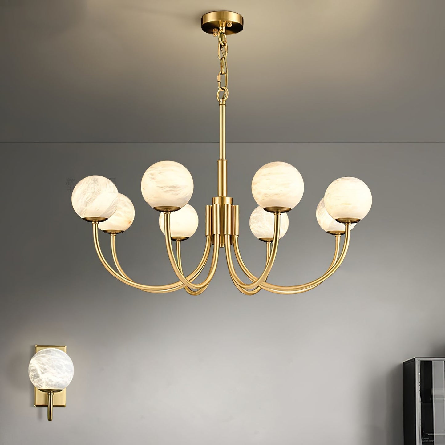 Aurelian Alabaster Globe Chandelier – Brass & White, 6‑10 Heads