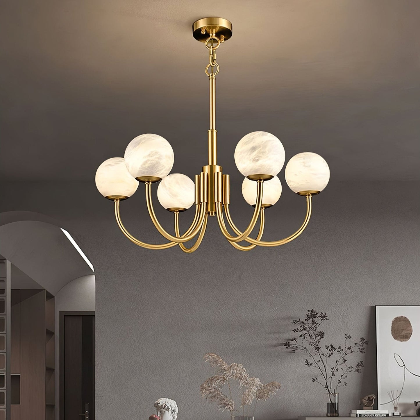 Aurelian Alabaster Globe Chandelier – Brass & White, 6‑10 Heads