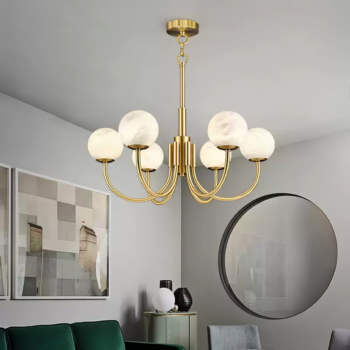 Aurelian Alabaster Globe Chandelier – Brass & White, 6‑10 Heads