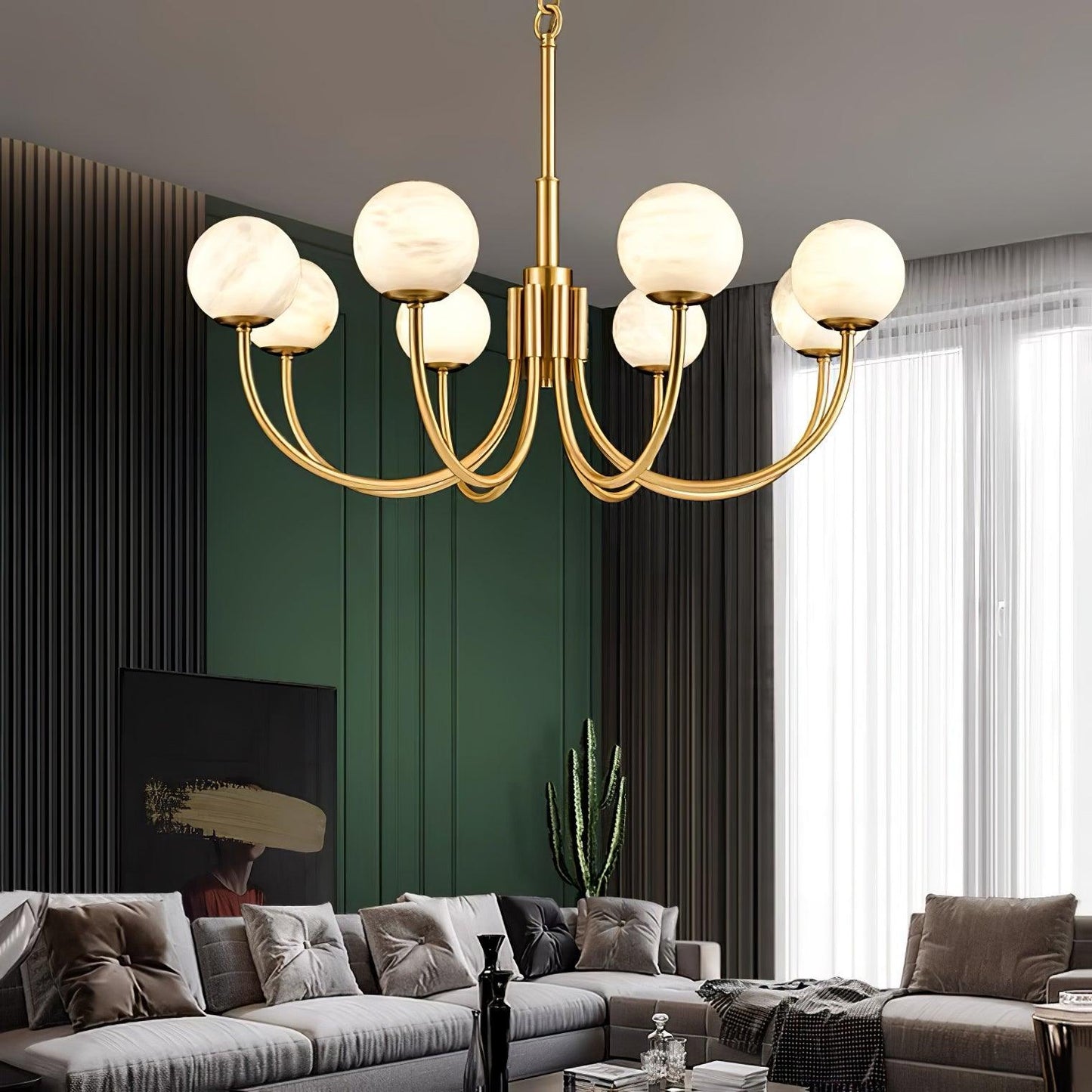 Aurelian Alabaster Globe Chandelier – Brass & White, 6‑10 Heads
