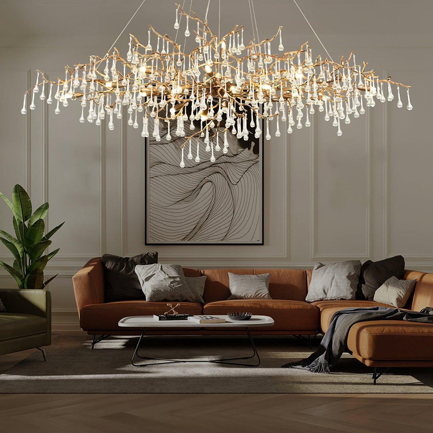 Bijou Brass & Clear Crystal Chandelier Handcrafted Branch Design