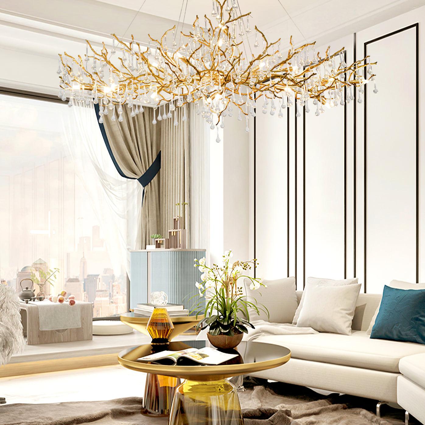 Bijou Brass & Clear Crystal Chandelier Handcrafted Branch Design