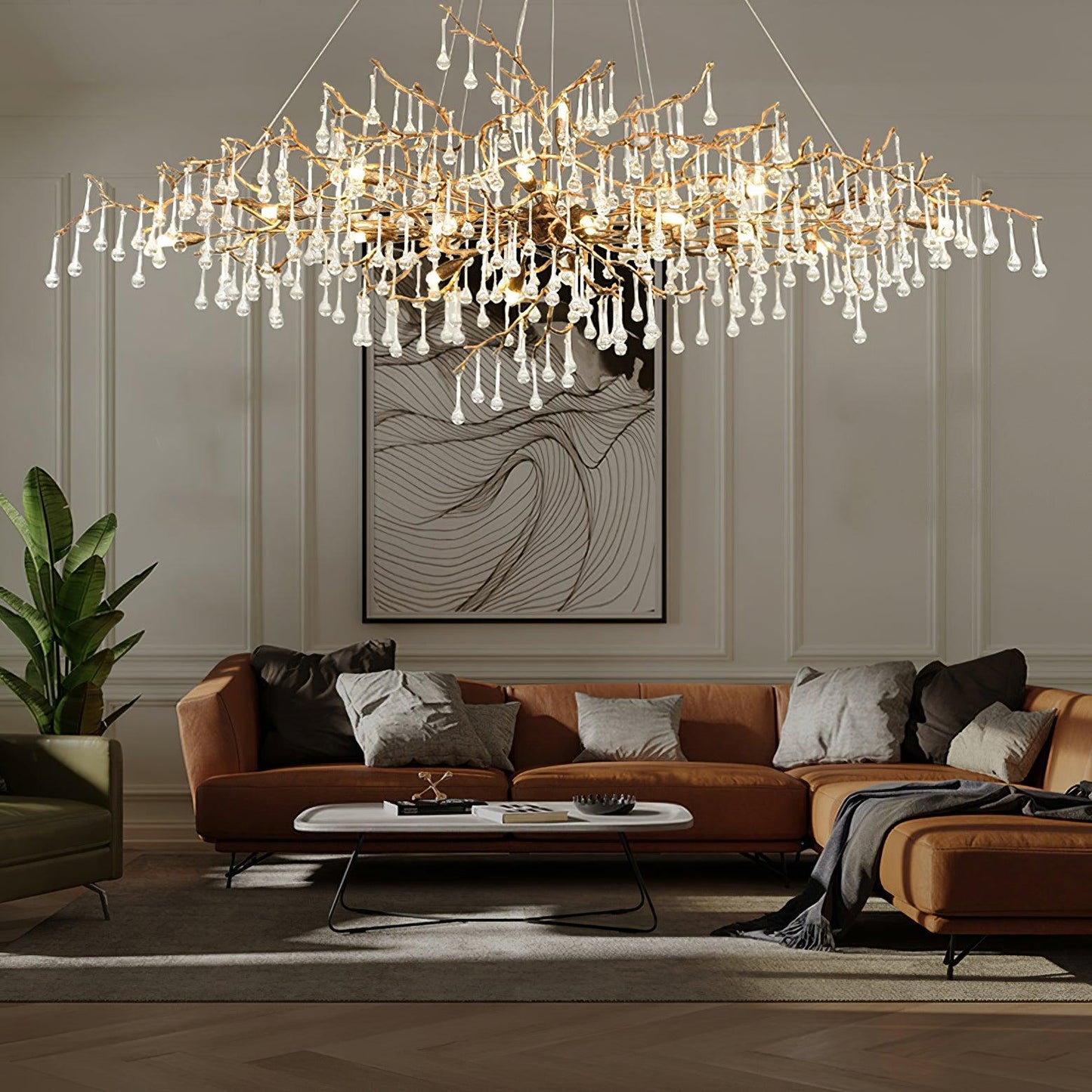 Bijou Brass & Clear Crystal Chandelier Handcrafted Branch Design