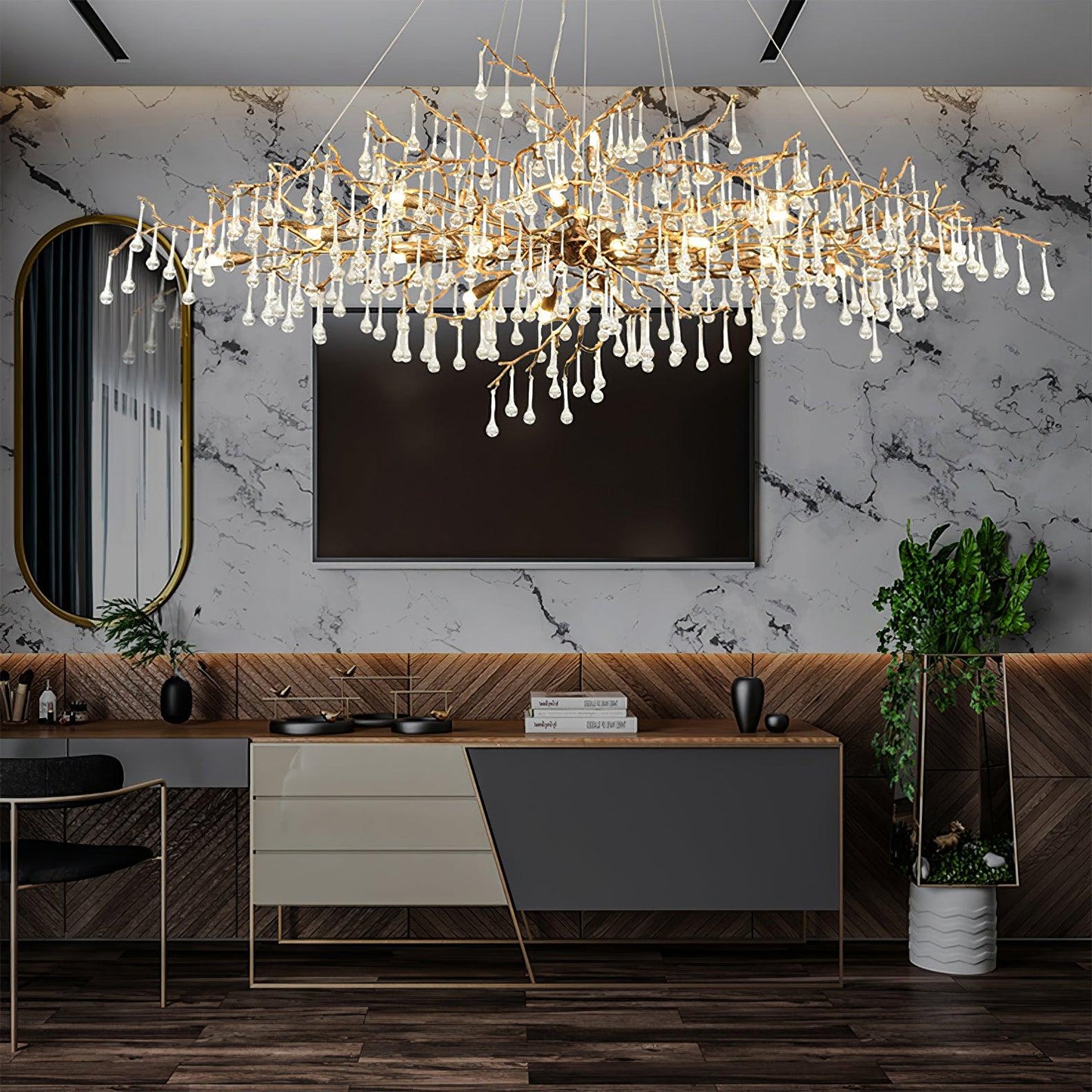Bijou Brass & Clear Crystal Chandelier Handcrafted Branch Design