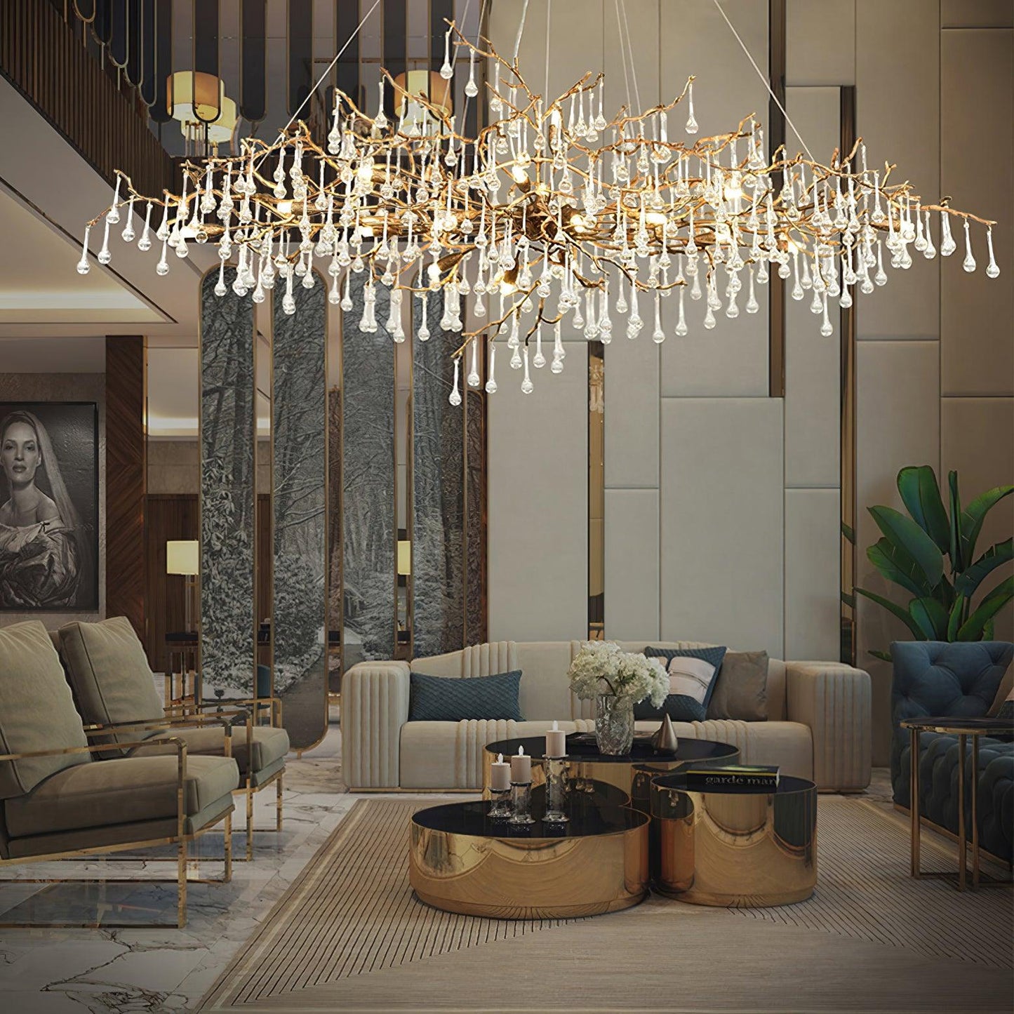 Bijou Brass & Clear Crystal Chandelier Handcrafted Branch Design