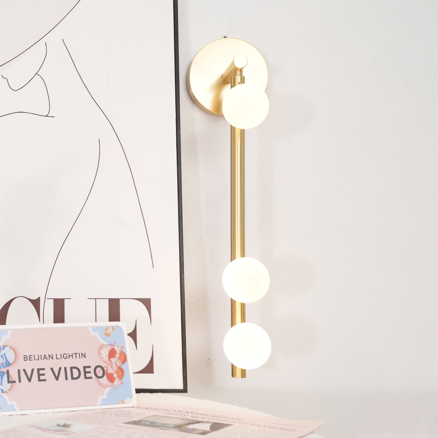 Brass Glass Tube Wall Lamp – Vintage Brass & White Finish