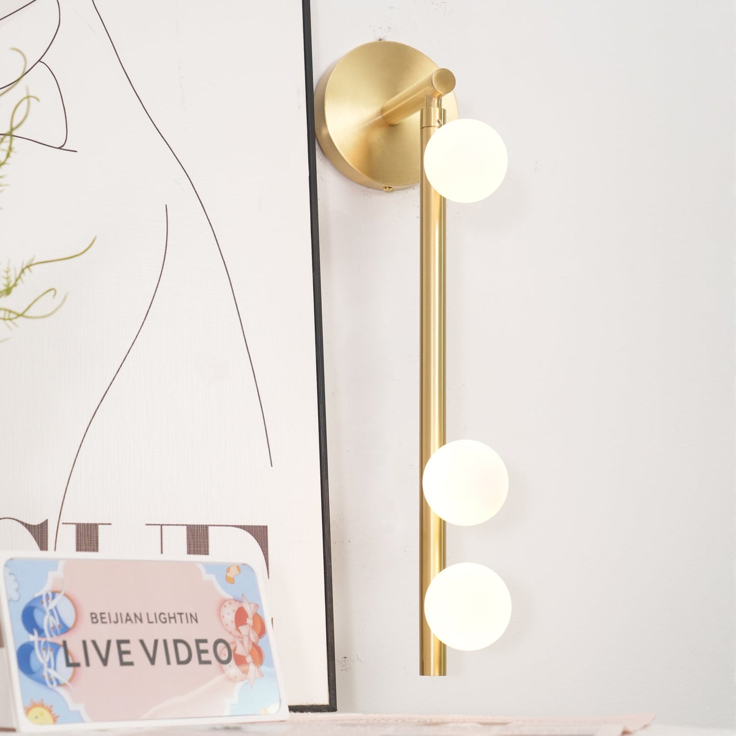 Brass Glass Tube Wall Lamp – Vintage Brass & White Finish