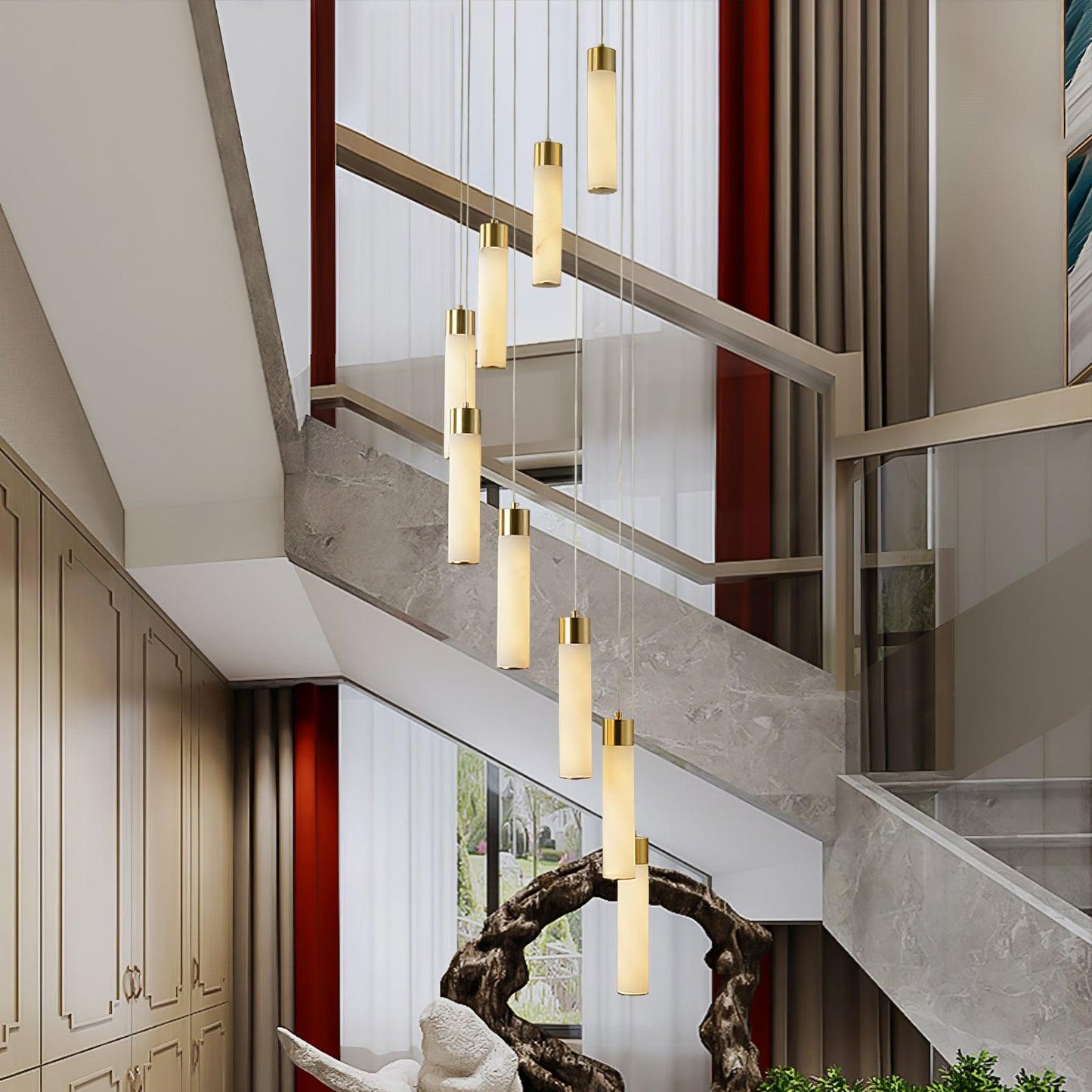 Celestial Alabaster Cascade Chandelier – Brass & White Multi-Head LED