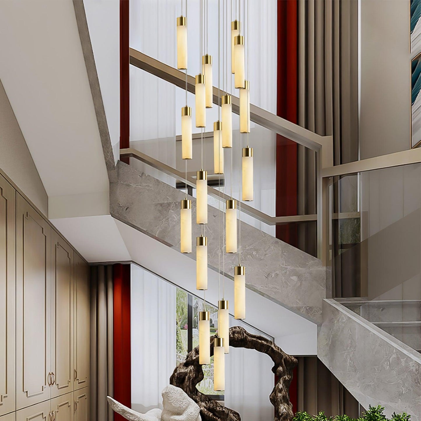Celestial Alabaster Cascade Chandelier – Brass & White Multi-Head LED