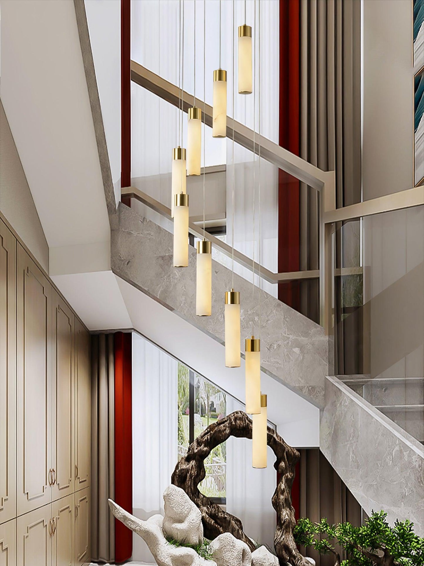 Celestial Alabaster Cascade Chandelier – Brass & White Multi-Head LED