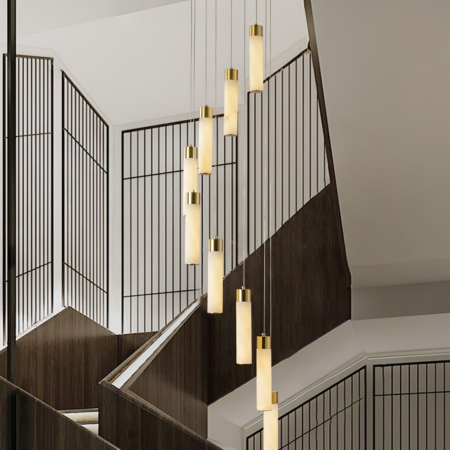 Celestial Alabaster Cascade Chandelier – Brass & White Multi-Head LED