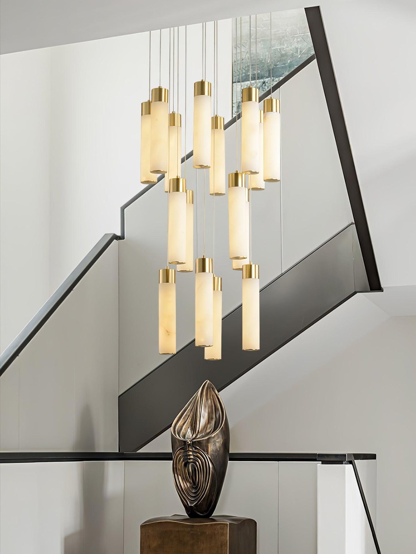 Celestial Alabaster Cascade Chandelier – Brass & White Multi-Head LED