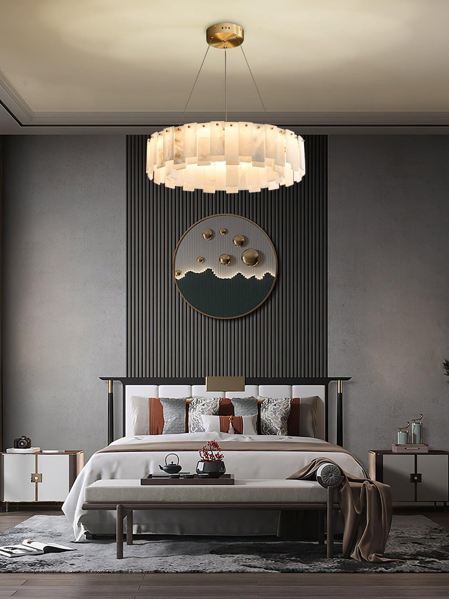 Celestial Alabaster Round Brass & White Chandelier – Heavenly Glow
