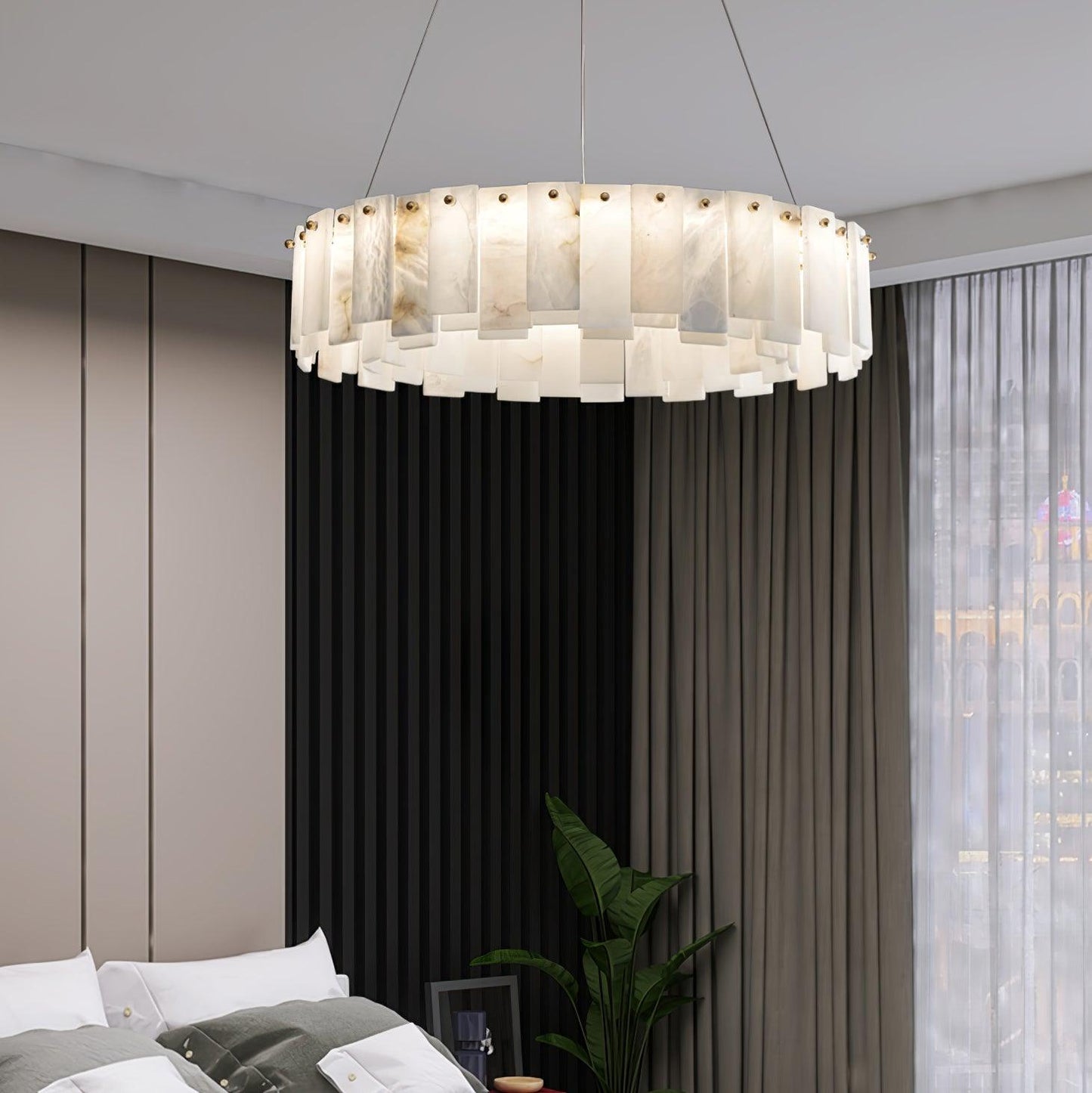 Celestial Alabaster Round Brass & White Chandelier – Heavenly Glow