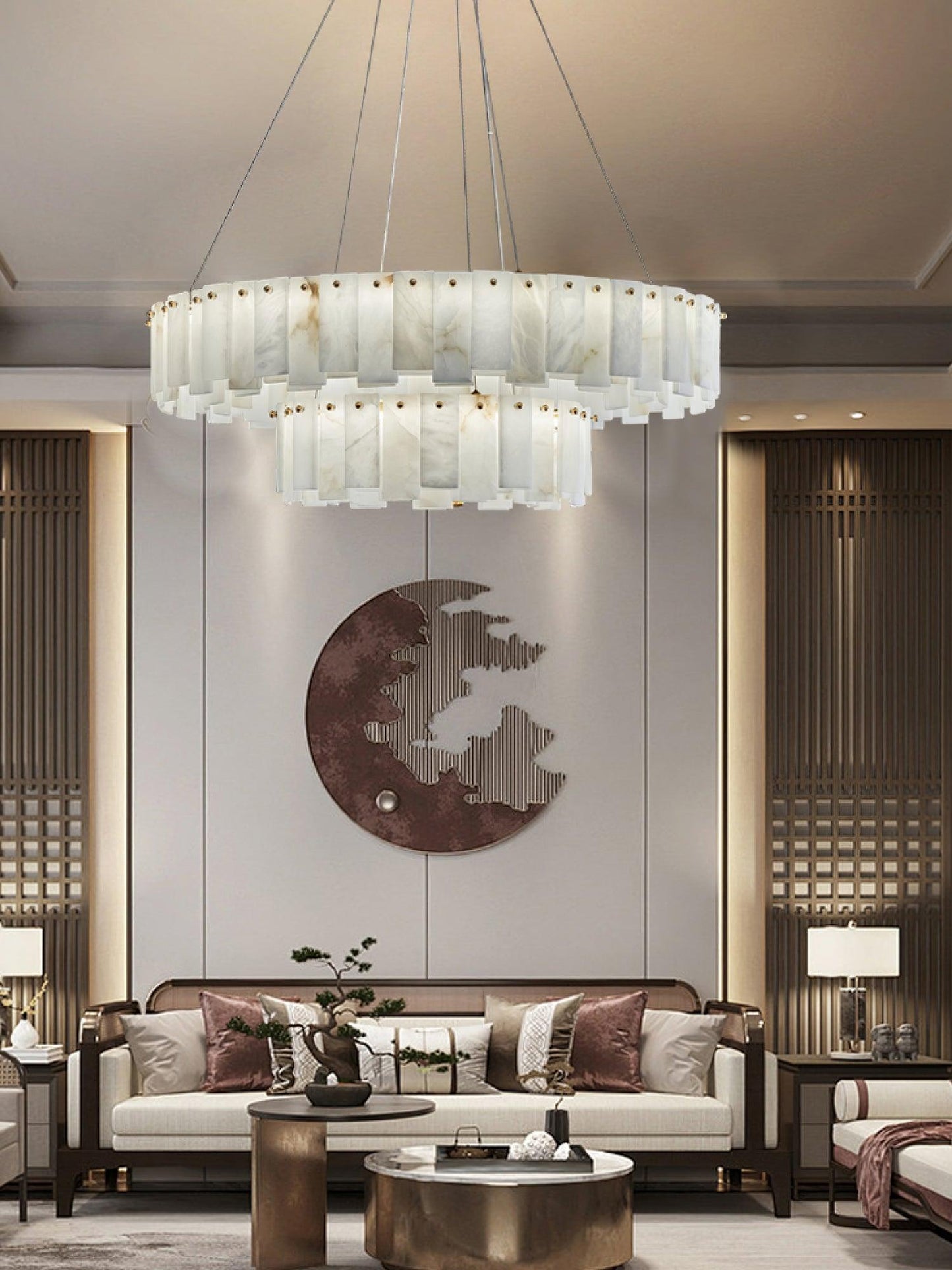 Celestial Alabaster Round Brass & White Chandelier – Heavenly Glow