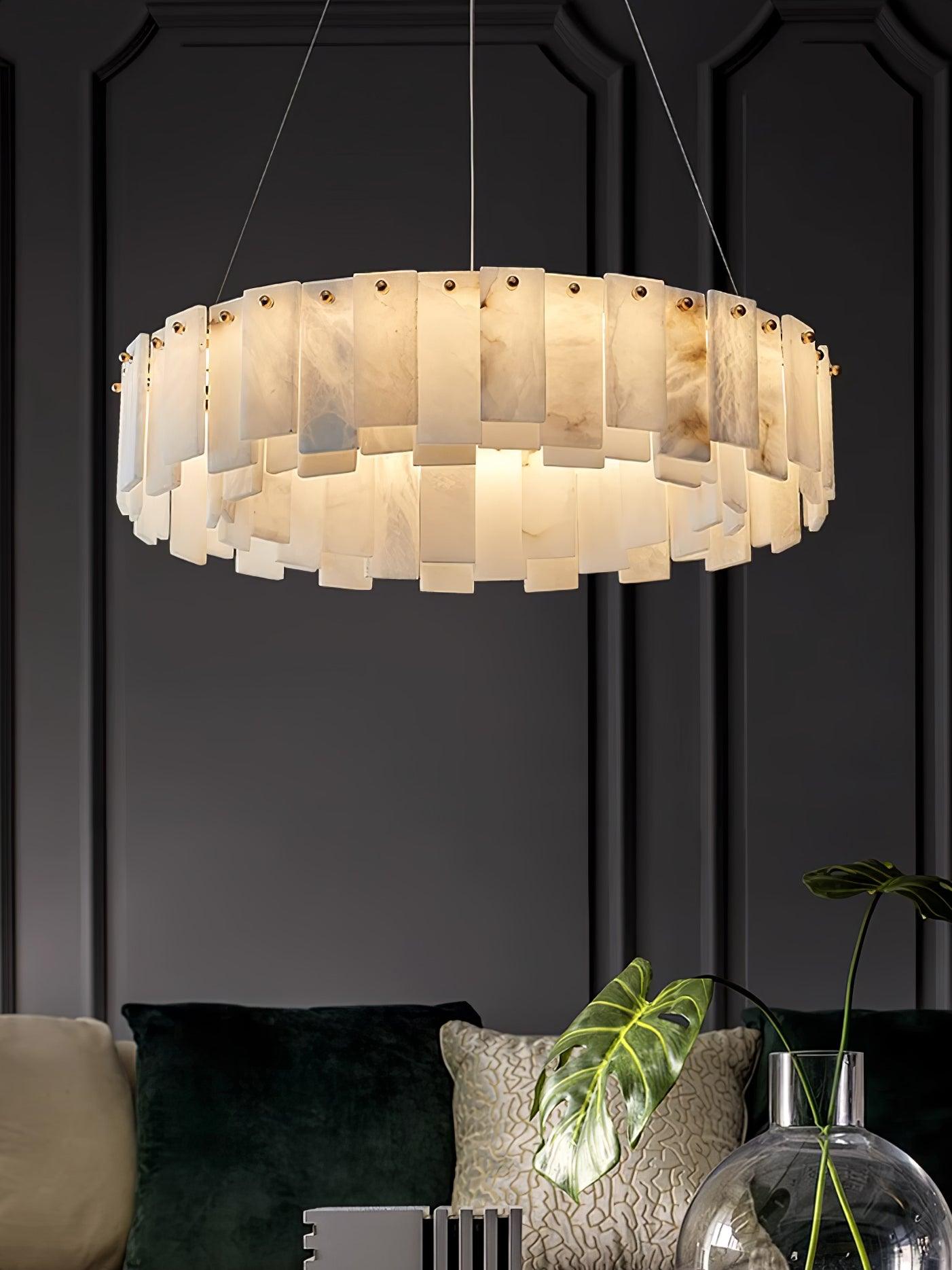 Celestial Alabaster Round Brass & White Chandelier – Heavenly Glow