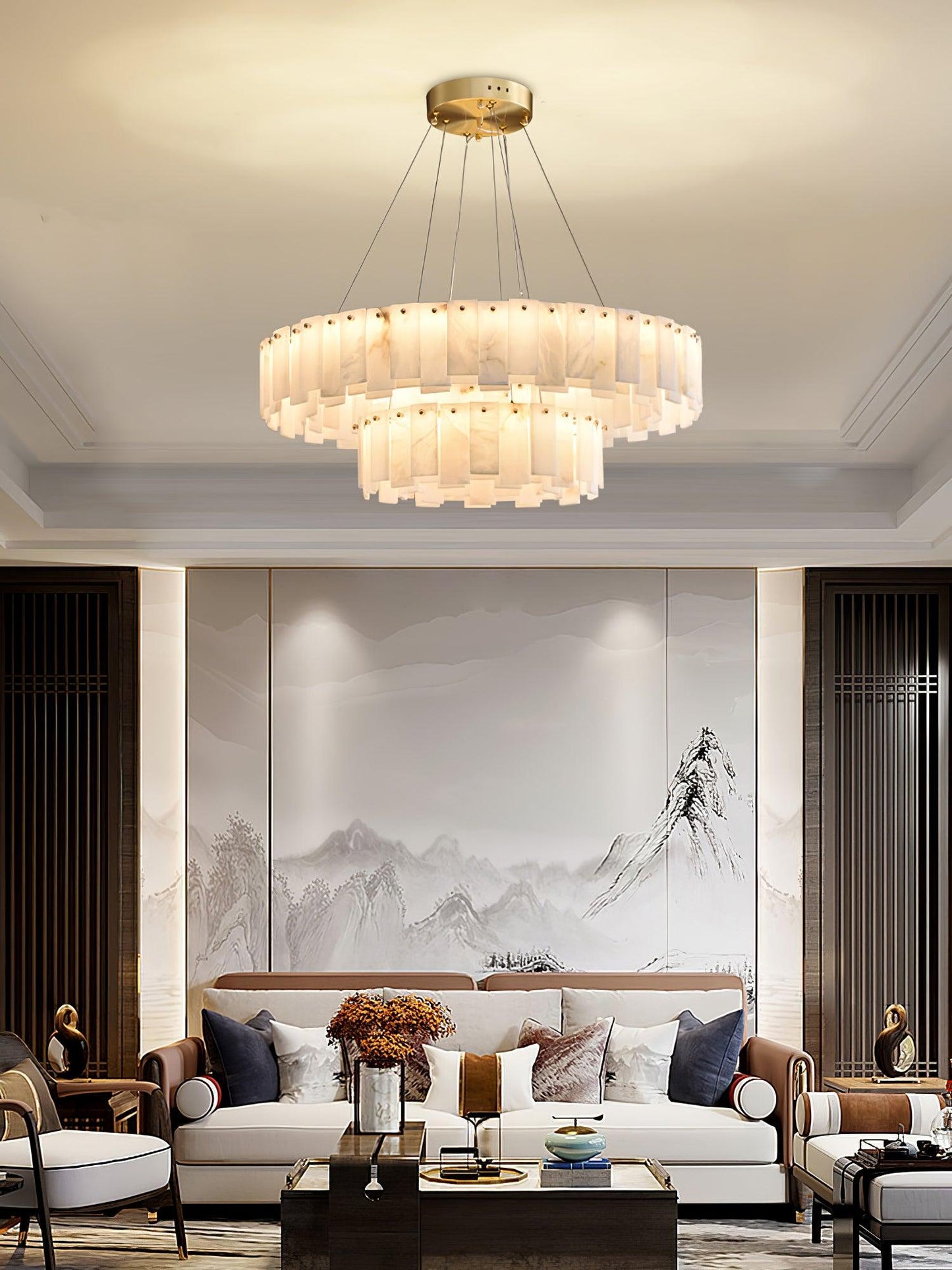Celestial Alabaster Round Brass & White Chandelier – Heavenly Glow