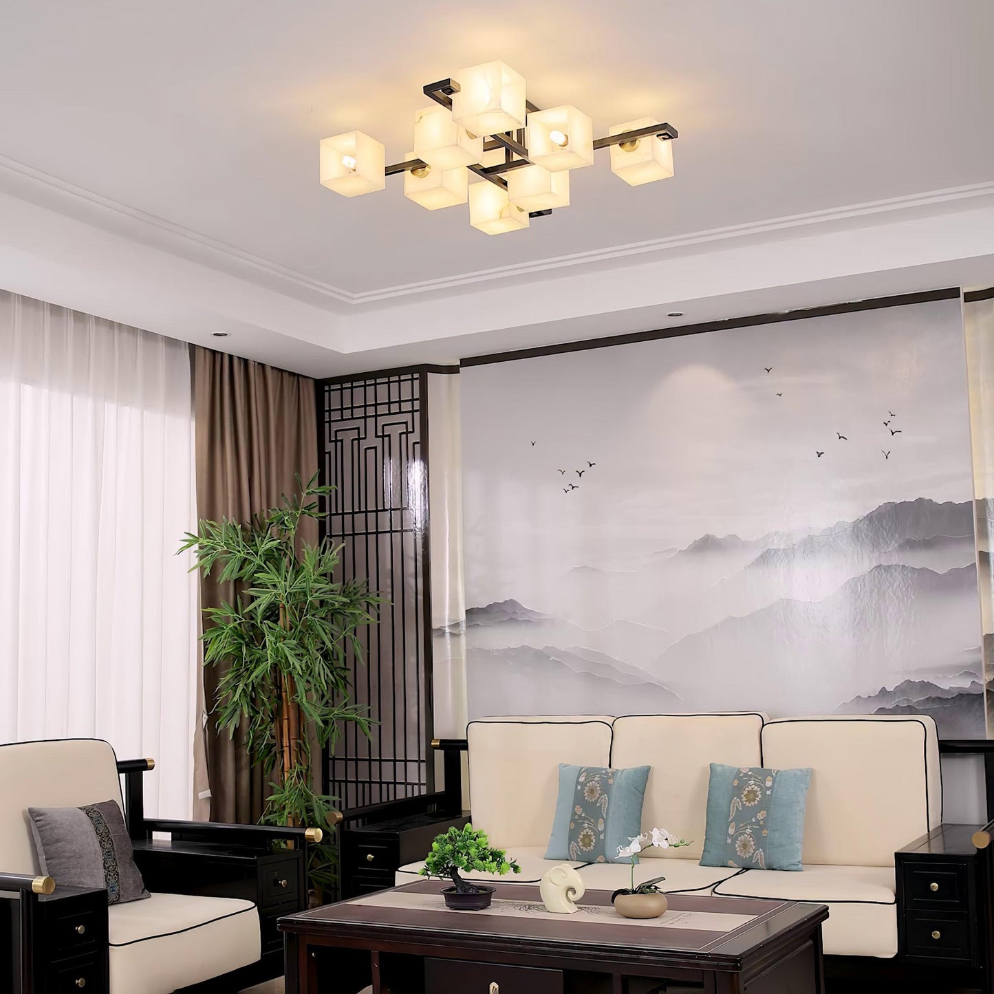 Cubist Alabaster Cluster Ceiling Lamp Modern Black & White 4-Head Light