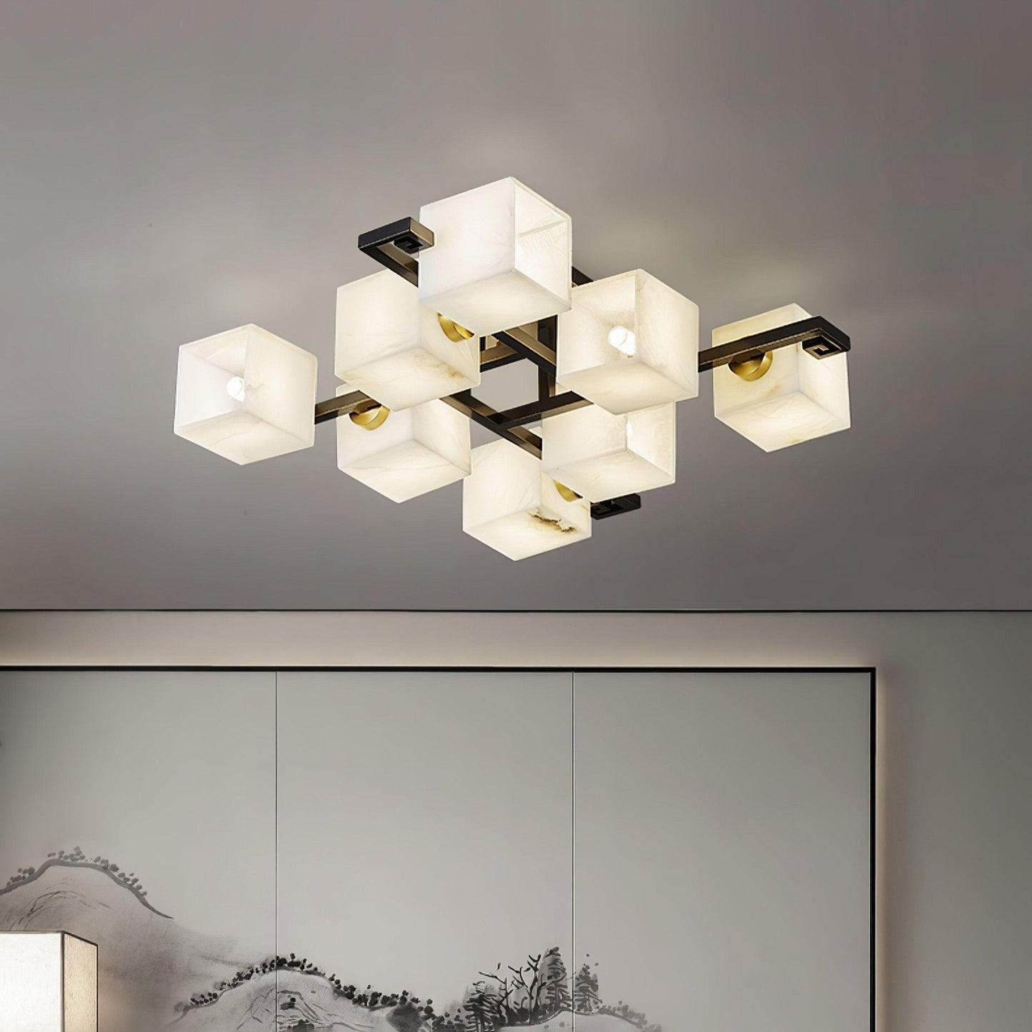 Cubist Alabaster Cluster Ceiling Lamp Modern Black & White 4-Head Light