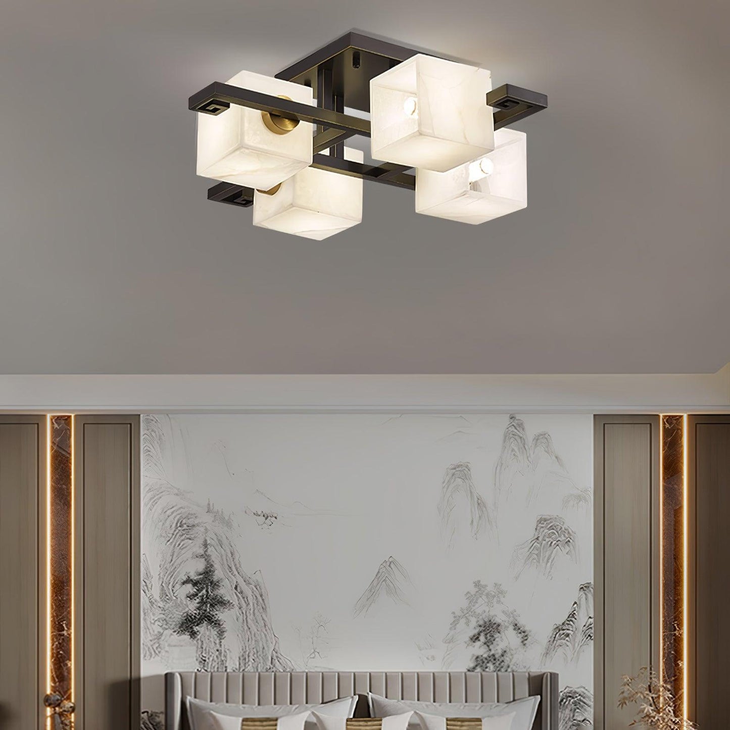 Cubist Alabaster Cluster Ceiling Lamp Modern Black & White 4-Head Light