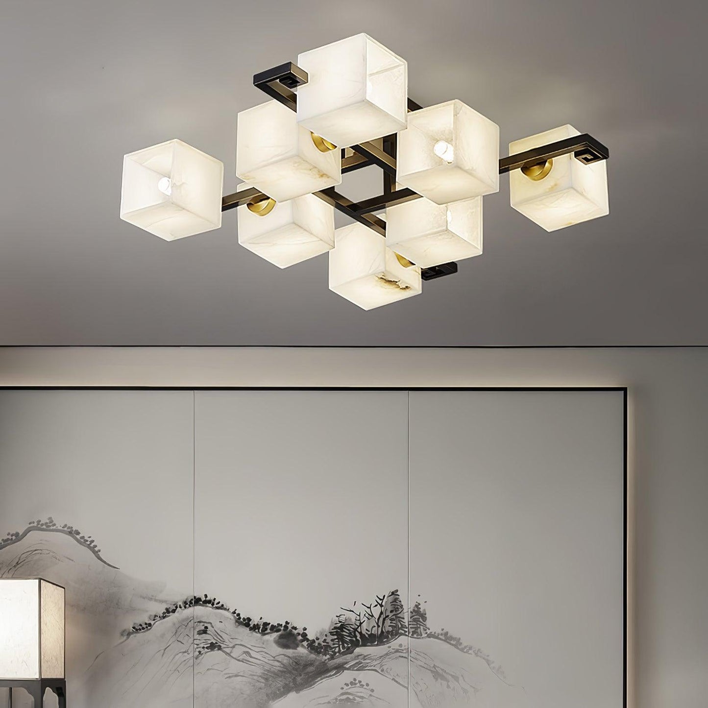 Cubist Alabaster Cluster Ceiling Lamp Modern Black & White 4-Head Light