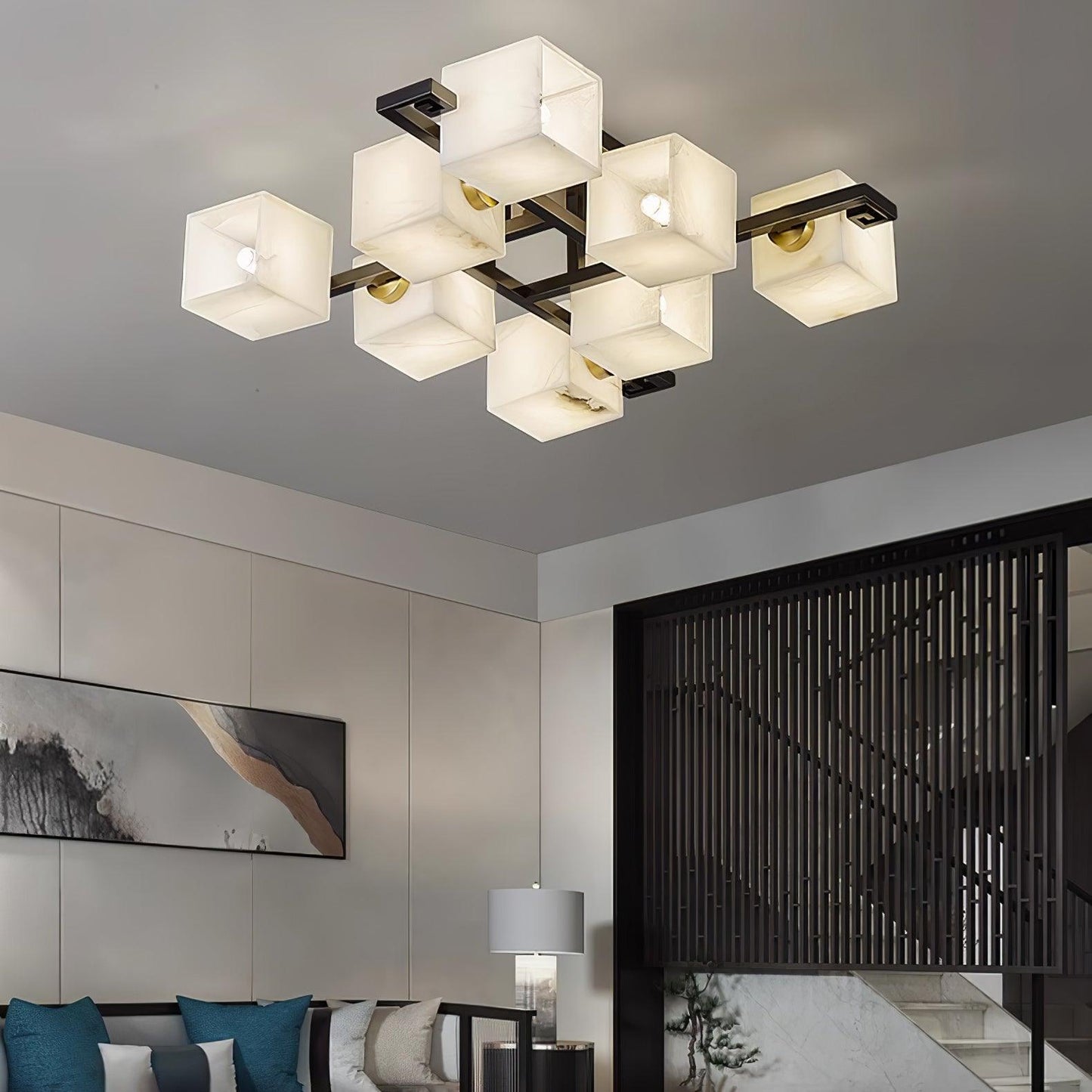 Cubist Alabaster Cluster Ceiling Lamp Modern Black & White 4-Head Light