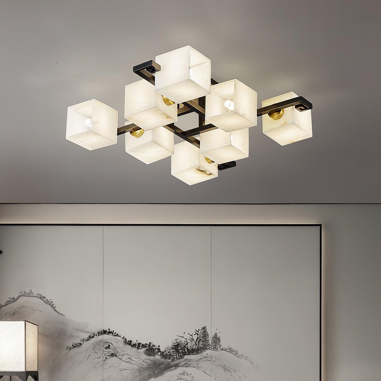 Cubist Alabaster Cluster Ceiling Lamp Modern Black & White 4-Head Light