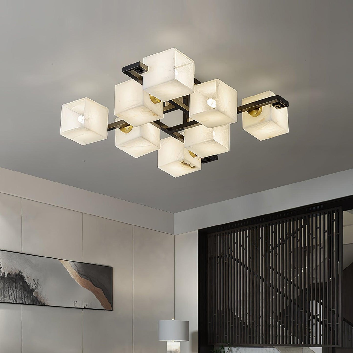 Cubist Alabaster Cluster Ceiling Lamp Modern Black & White 4-Head Light