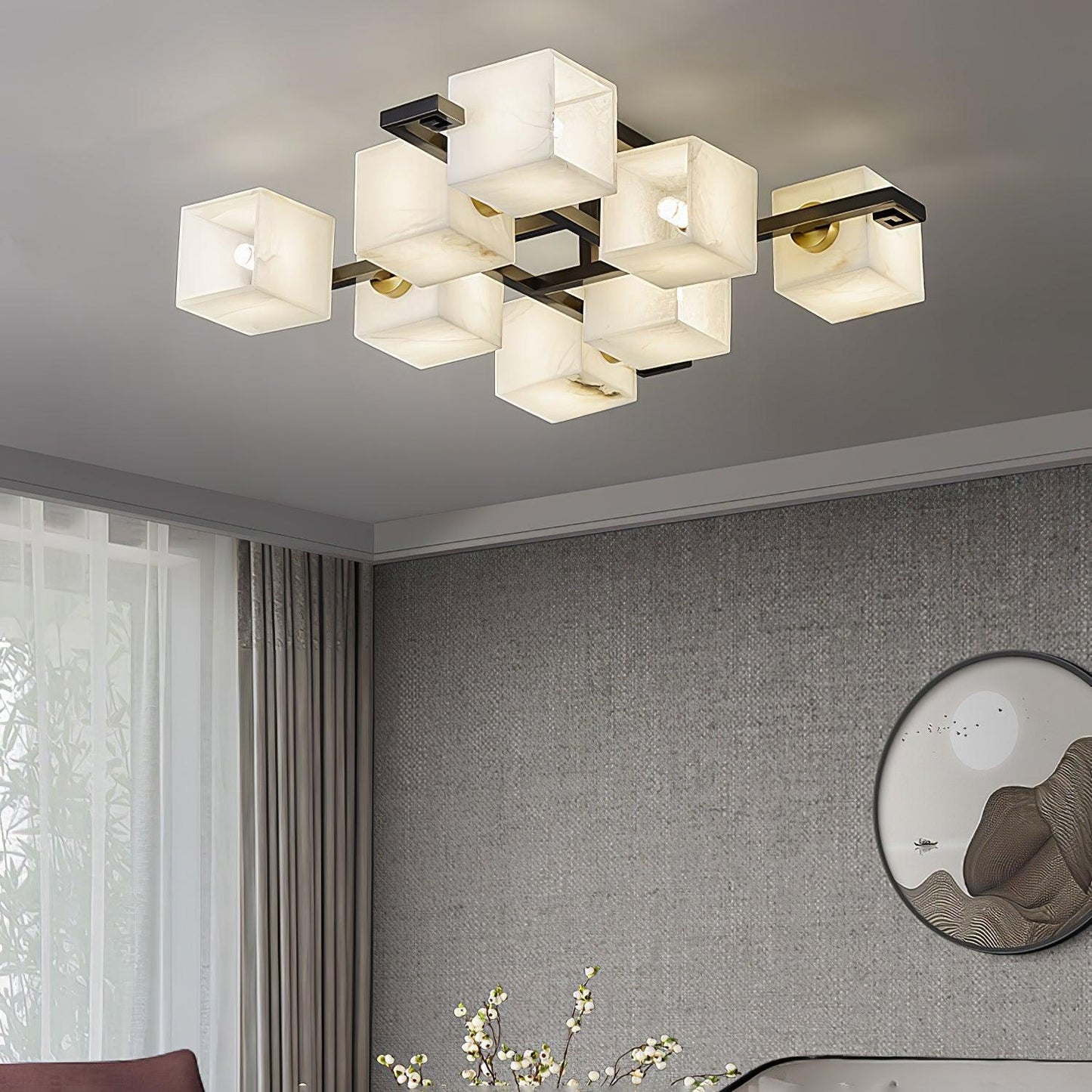 Cubist Alabaster Cluster Ceiling Lamp Modern Black & White 4-Head Light