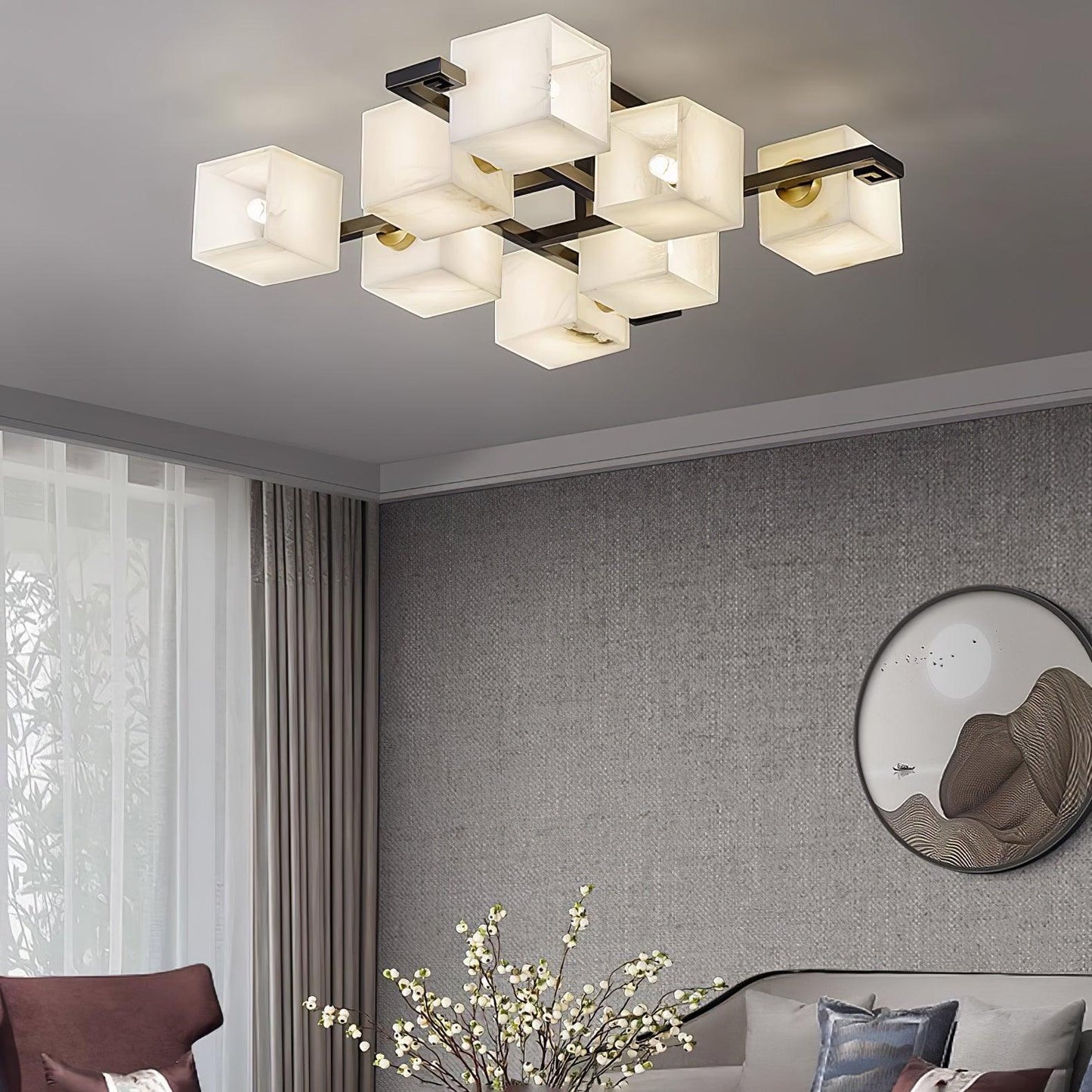 Cubist Alabaster Cluster Ceiling Lamp Modern Black & White 4-Head Light