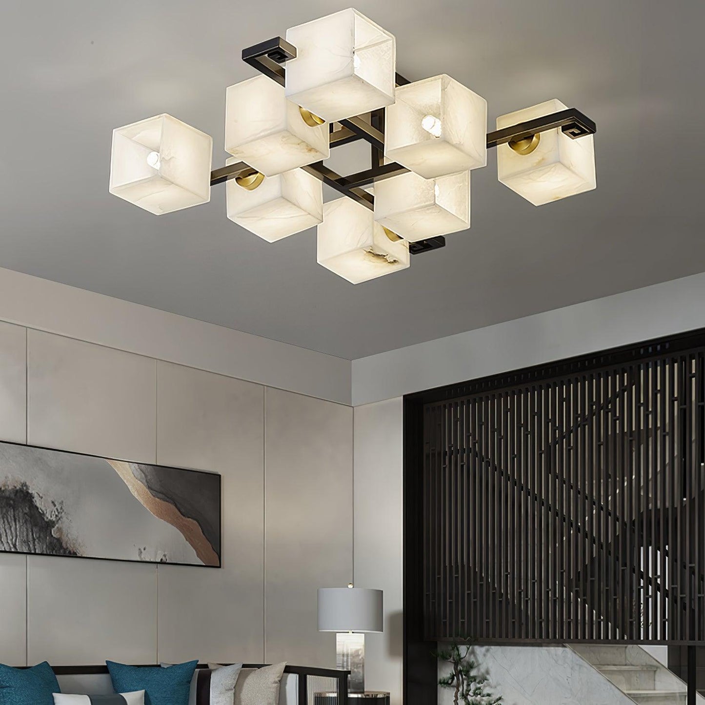 Cubist Alabaster Cluster Ceiling Lamp Modern Black & White 4-Head Light